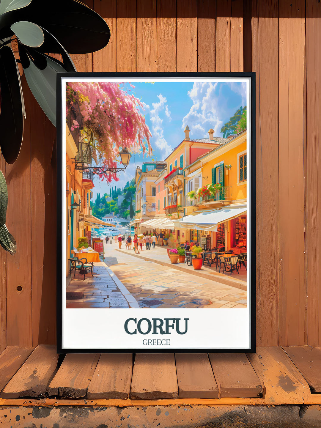 Vivid Corfu travel art featuring Old Town Corfu Liston Promenade a captivating piece that transports viewers to the serene streets of Corfu Greece Island perfect for home decor or as a special gift for those who cherish Mediterranean landscapes and Greek culture