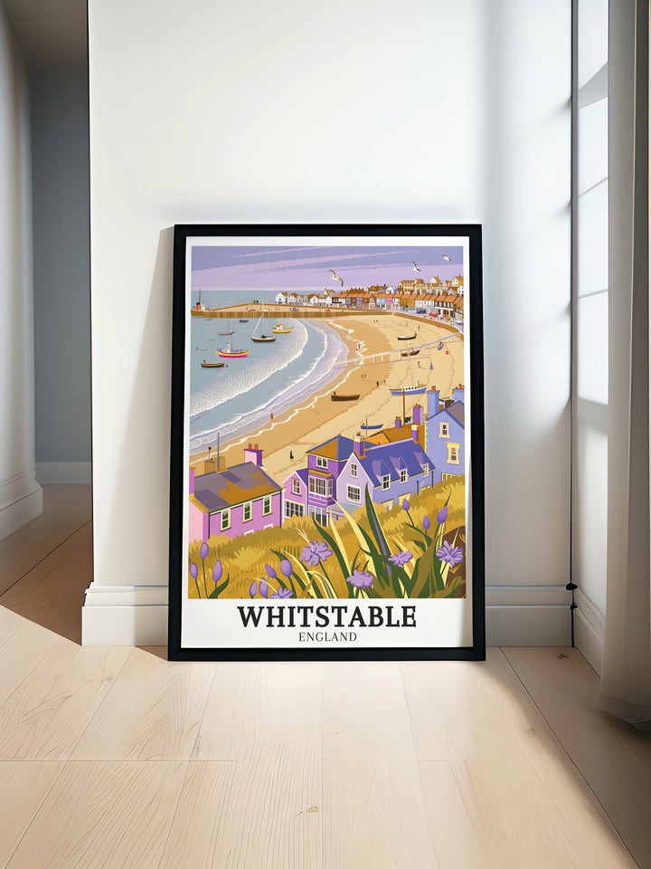 Art print of Whitstable Beach highlighting its natural beauty and coastal charm. This detailed illustration is perfect for adding a touch of seaside magic to your living space, creating a serene and inviting atmosphere.