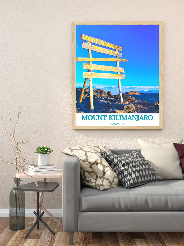 Tanzania poster with Uhuru Peak art displaying the breathtaking beauty of the highest point on Mount Kilimanjaro ideal for enhancing any living space.