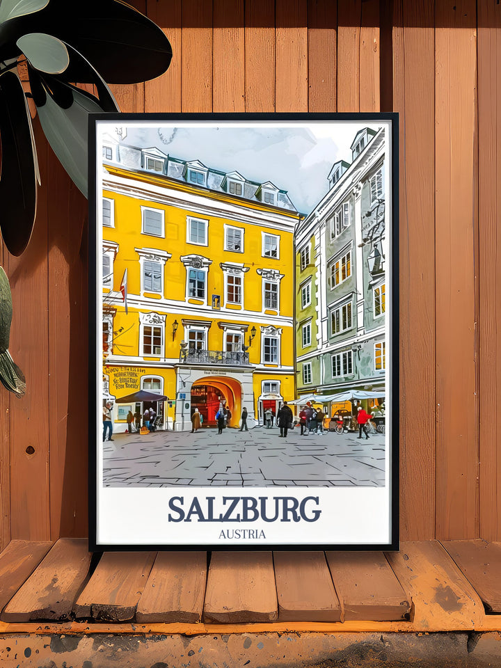 Elevate your home decor with Salzburg wall art featuring Mozarts Birthplace and Getreidegasse. This Salzburg poster print showcases the citys charm and history through a fine line print and colorful city map for any modern decor.