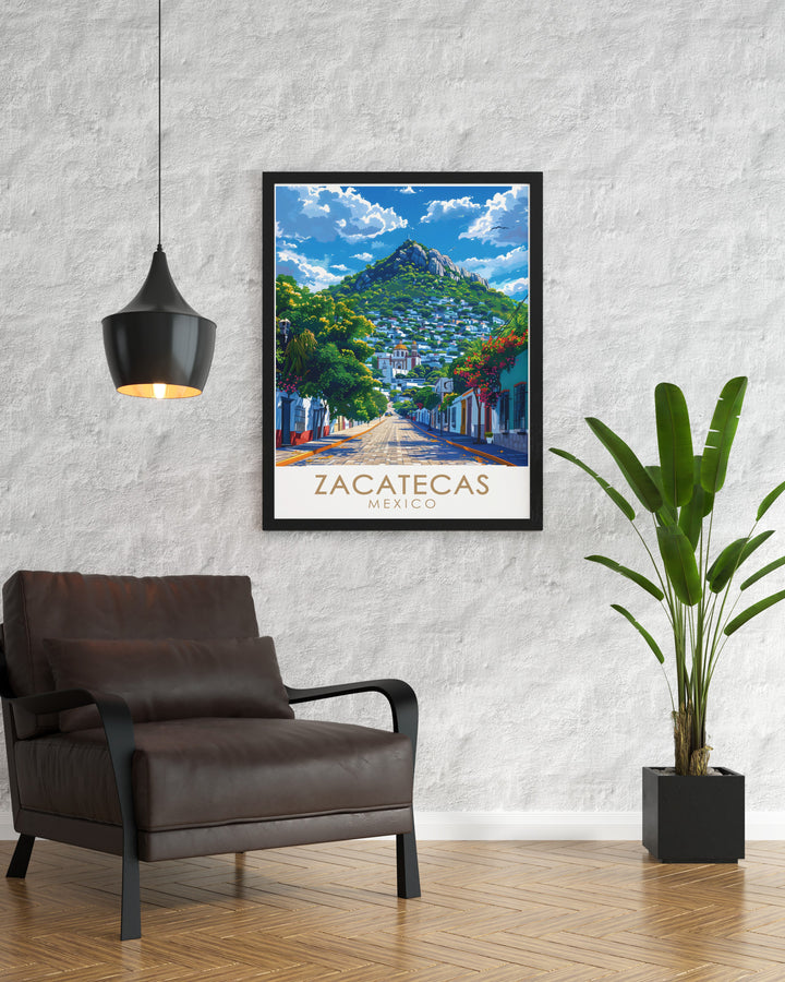 A captivating Zacatecas poster print that beautifully illustrates Cerro de la Bufa, highlighting its stunning views and historical significance. Ideal for art lovers, this piece brings the charm of Zacatecas into any room.