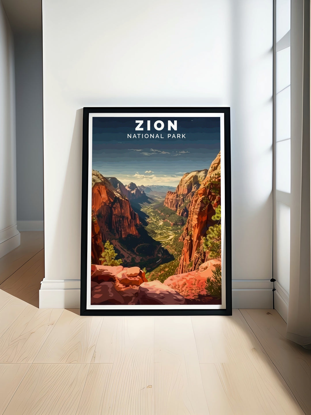 An art print celebrating the adventurous spirit of Angels Landing, highlighting its rugged trails and dramatic overlooks. This piece makes a thoughtful gift for anyone who appreciates outdoor exploration and breathtaking scenery.