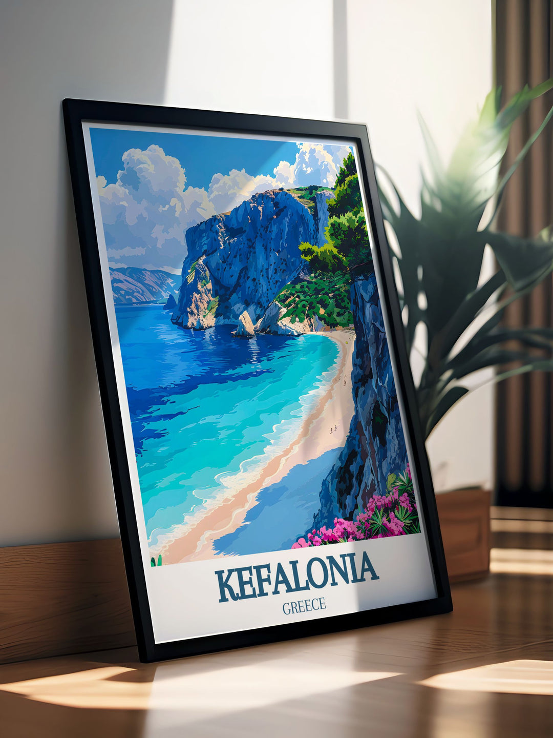Vibrant depiction of Kefalonia, reflecting its historical significance, stunning beaches, and charming villages. The travel poster highlights the islands blend of natural beauty and cultural richness.