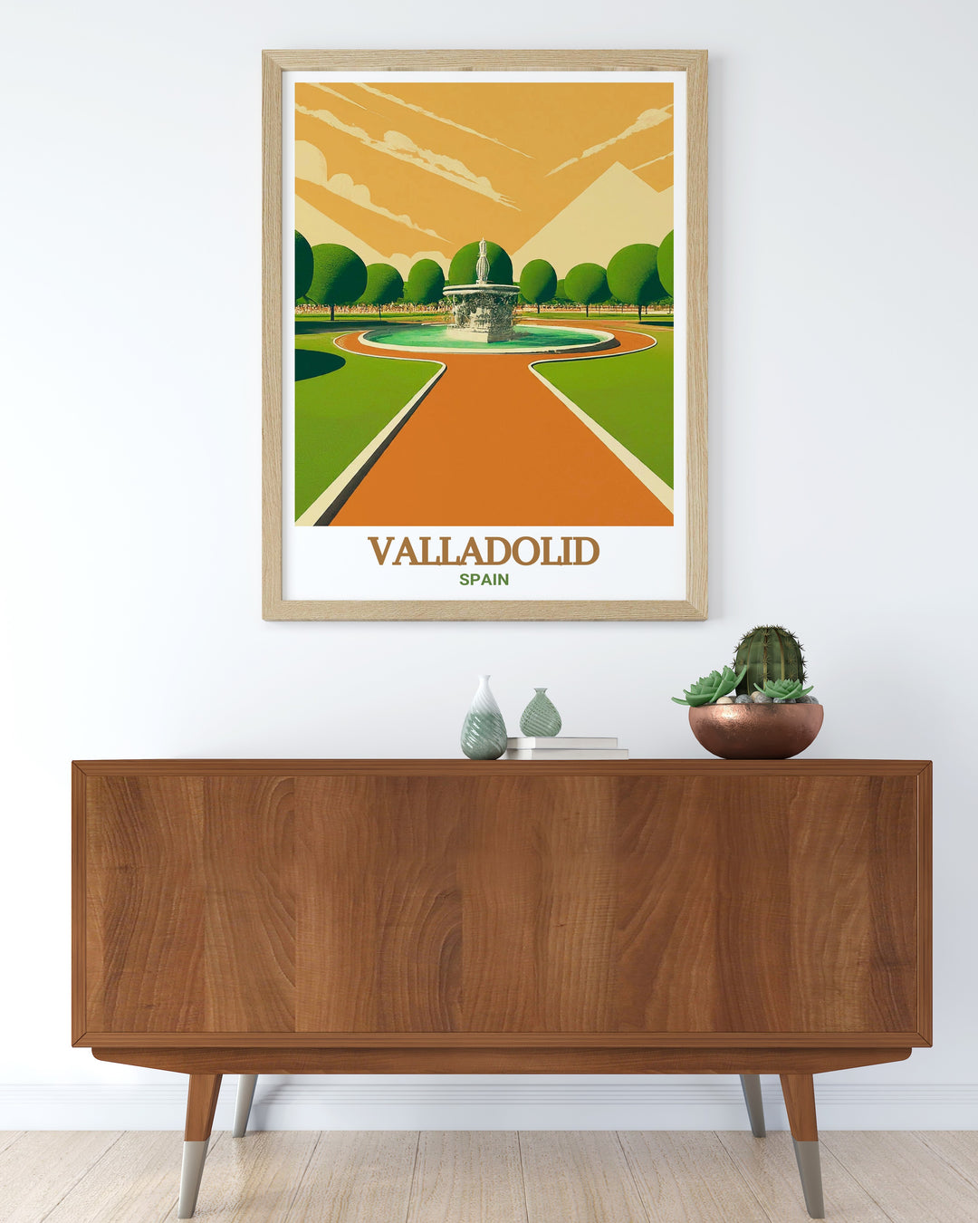 This framed art brings Valladolids Campo Grande Park to life, with a perfect blend of nature and tranquility. Ideal for living spaces that need a fresh and calming aesthetic, its a standout piece for art lovers and travel enthusiasts looking for a touch of Spain.