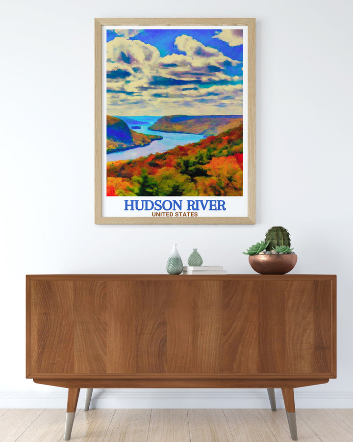 A stunning canvas art print of the Hudson River, this piece highlights the peaceful waters of New Yorks iconic river, combined with the grandeur of the Hudson Highlands State Park. An ideal gift for lovers of nature and vintage posters.