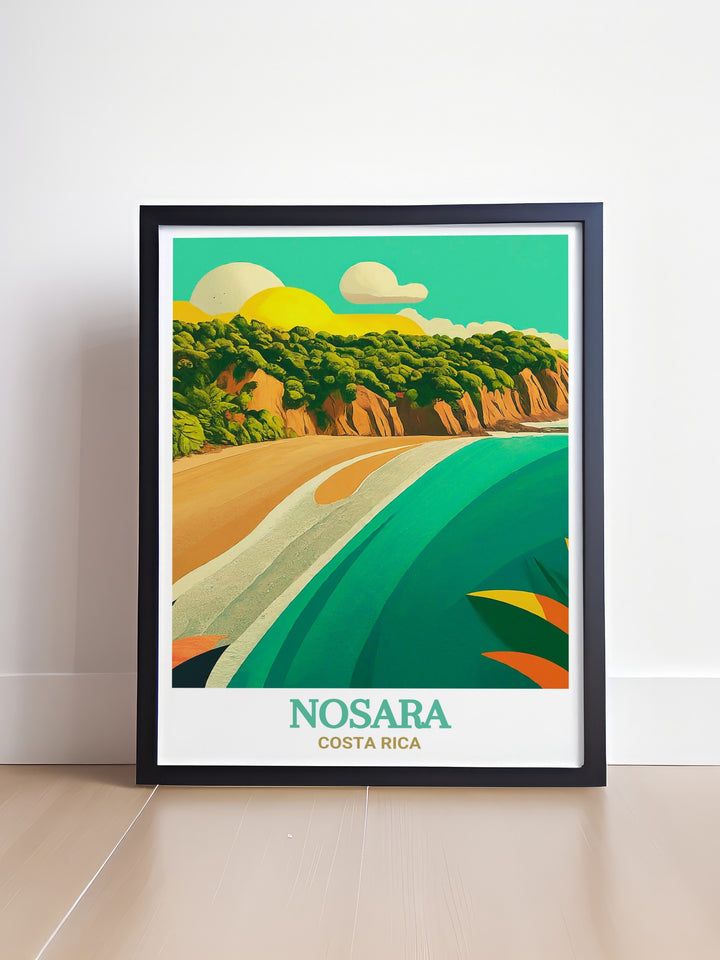 Playa Guiones in Nosara, Costa Rica, offers a perfect blend of beauty and tranquility. This print depicts the stunning coastal scenery, with its wide beach, rolling waves, and lush backdrop. Ideal for nature enthusiasts and those who cherish the ocean, this artwork brings a piece of Costa Ricas paradise into your decor.