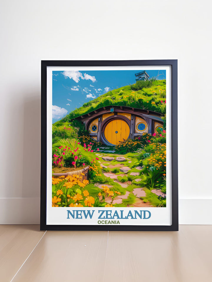 Vibrant New Zealand travel poster featuring Akaroa Lighthouse and the Hobbiton Movie Set designed to enhance any room with its captivating national park scenery ideal for anyone passionate about vintage travel prints and cinematic locations.