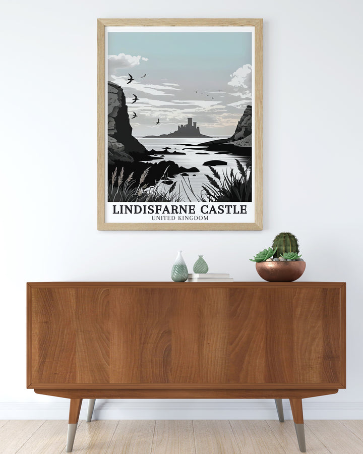 Vintage Travel Poster inspired by the classic travel art style, showcasing Lindisfarne Castle in all its historic grandeur. This poster is ideal for those who love vintage decor and want to evoke the nostalgia of classic British travel posters in their home.