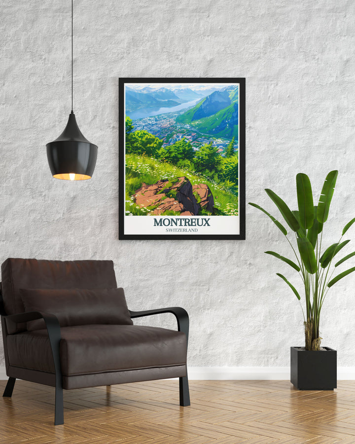 Bring the stunning landscapes of Switzerland into your home with this Lake Geneva Travel Poster. The poster showcases Montreuxs vibrant scene, the calm waters of Lake Geneva, and the majestic Rochers de Naye peaks, making it an excellent choice for travel inspired home décor.