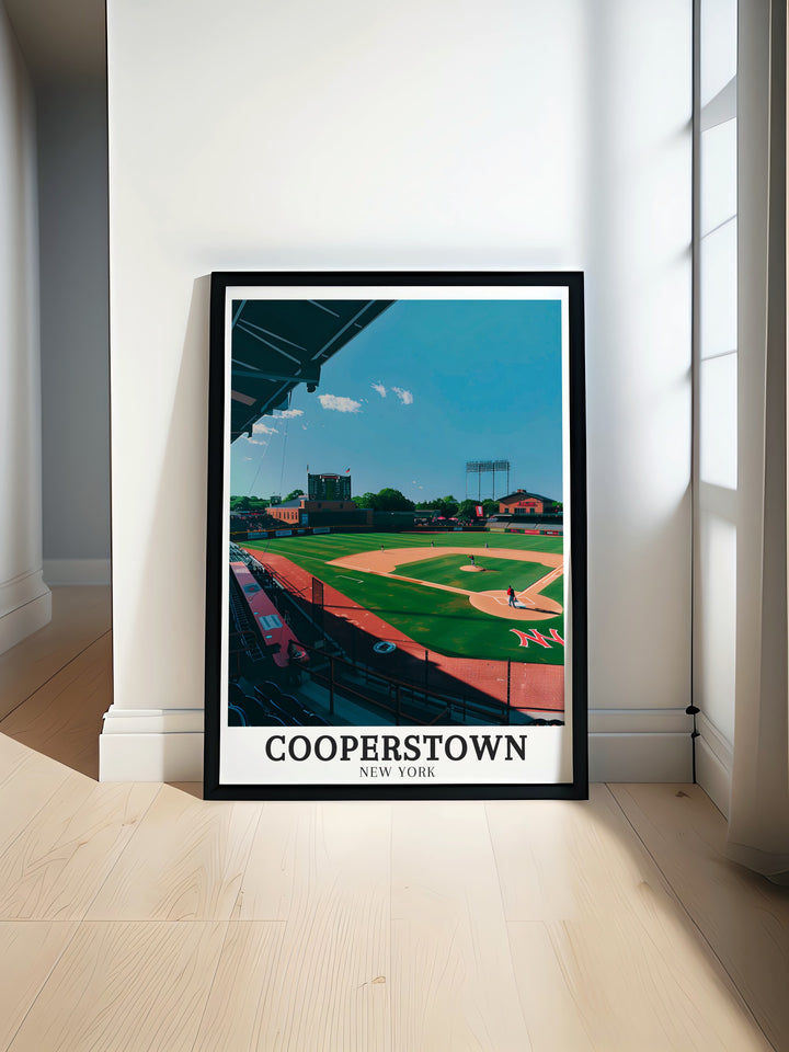 This wall art print of Cooperstown celebrates the baseball legends enshrined in the National Baseball Hall of Fame. With rich colors and detailed design, its a fitting tribute to baseballs enduring legacy.