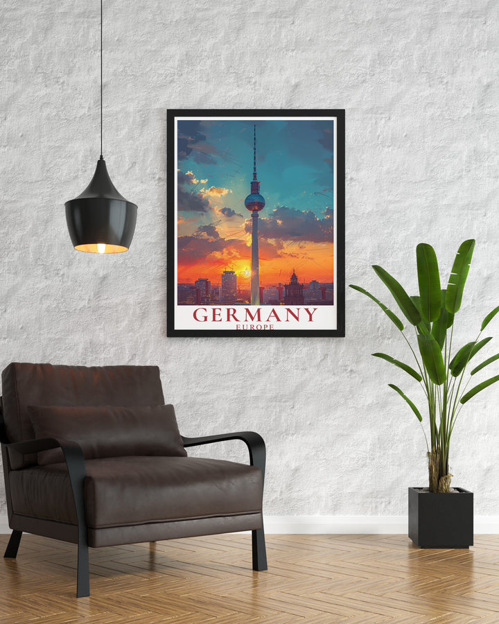 Bring a piece of Berlin into your home with this stunning art print featuring the Fernsehturm. The perfect wall art for those who admire Germanys architectural wonders, this print combines modern design with historical significance.