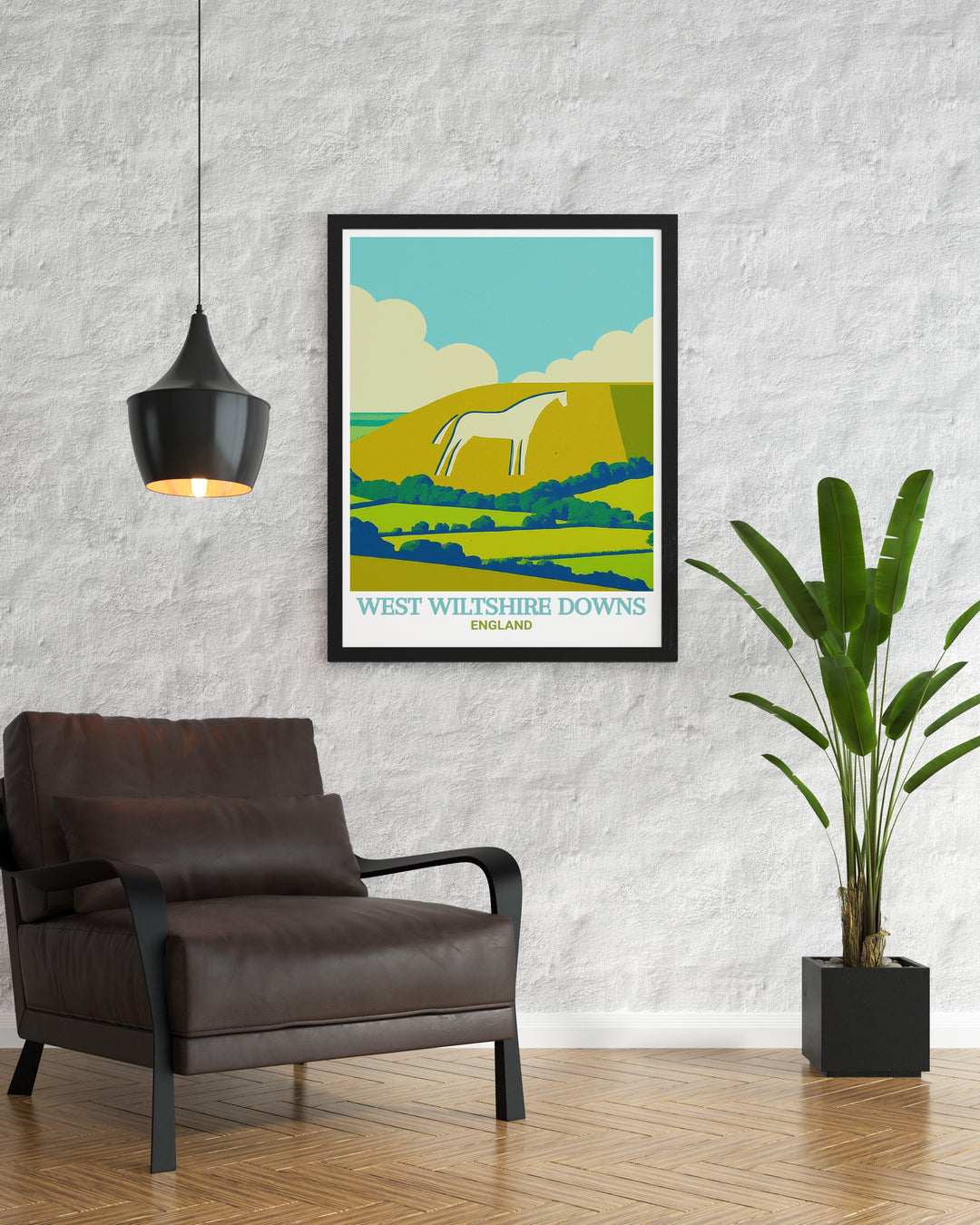 Travel print of the Westbury White Horse, highlighting the contrast between the white chalk figure and the lush green hills of Wiltshire. This canvas art is perfect for those who appreciate English history and iconic landmarks.