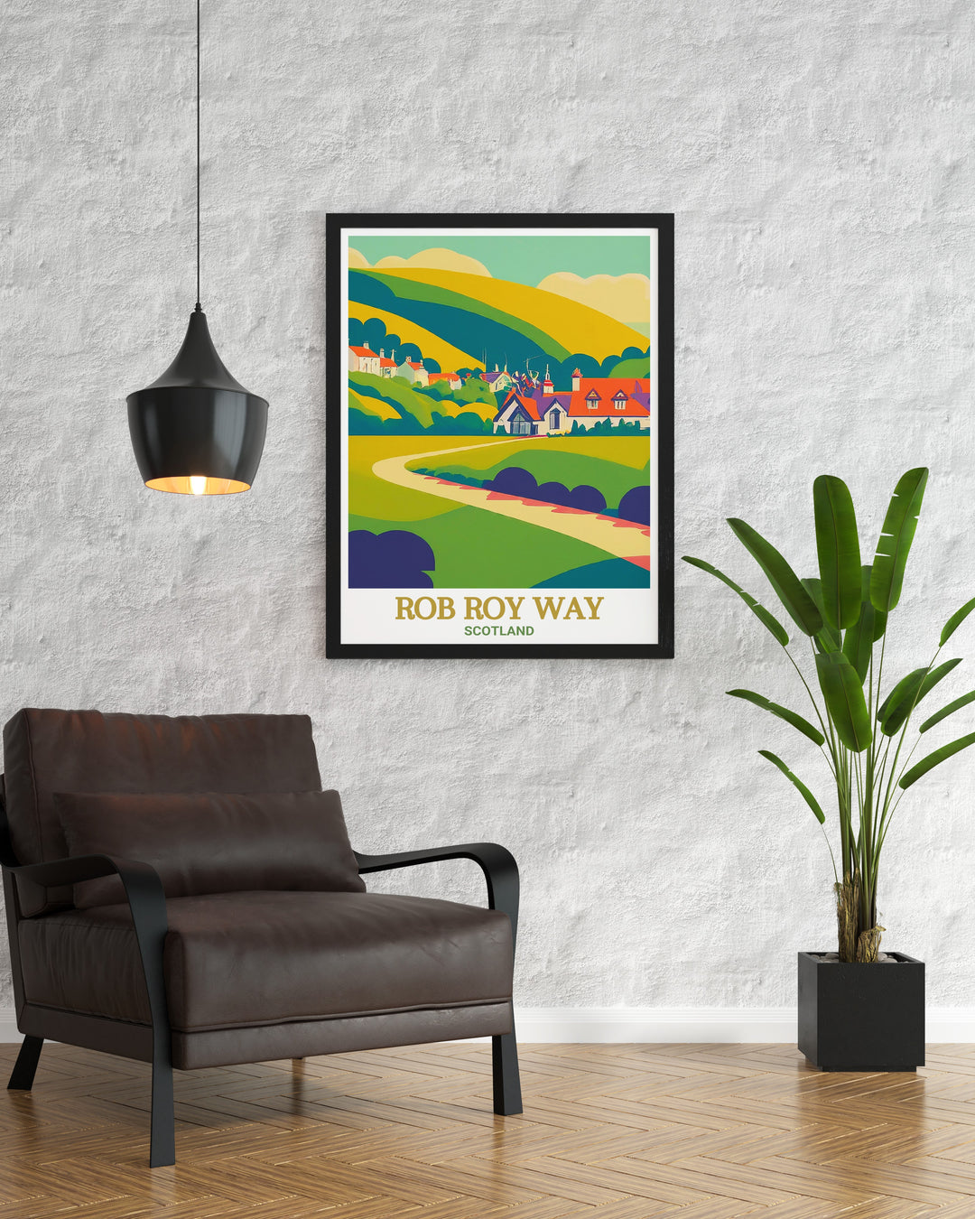 A detailed art print of the Rob Roy Way, featuring the historic trails of Aberfoyle, Loch Tay, and the Trossachs. Ideal for outdoor adventurers, this travel poster captures the rugged beauty of Scotlands landscapes.