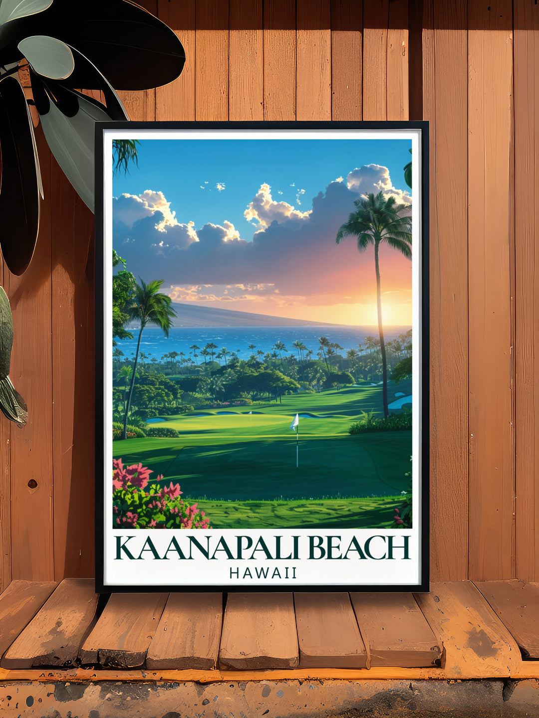 Kaanapali Beach framed art featuring the golden sands and azure waters of this world famous beach, paired with the scenic Kaanapali Golf Courses in the background. A lovely piece for adding a touch of Hawaiis paradise to your living room, office, or beach house.