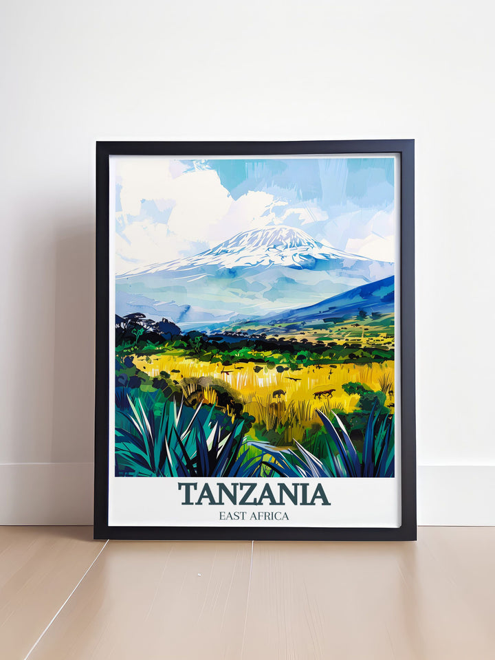 Vintage Travel Print of the Serengeti and Mount Kilimanjaro Arusha National Park bringing the wild beauty of Tanzania into your home perfect for safari lovers who want to showcase the magic of Africas most famous national parks on their walls.