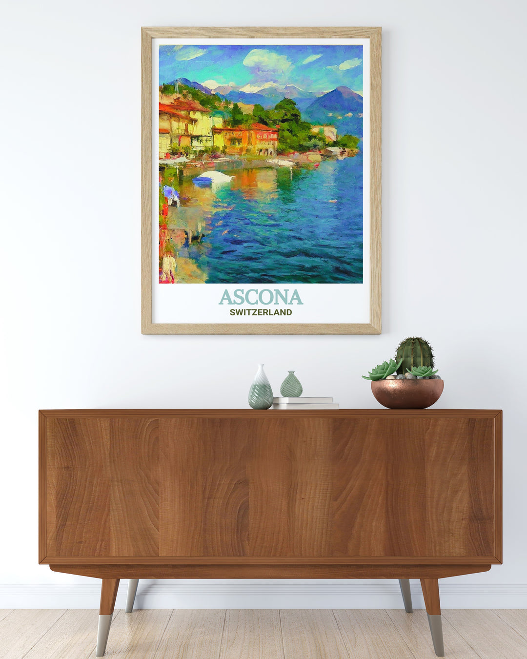 A vintage inspired Switzerland poster showcasing Asconas Promenade Lungolago, emphasizing the colorful buildings and tranquil waters of Lake Maggiore. Ideal for travel enthusiasts, this print captures the essence of Swiss landscapes and the peacefulness of a lakeside retreat.