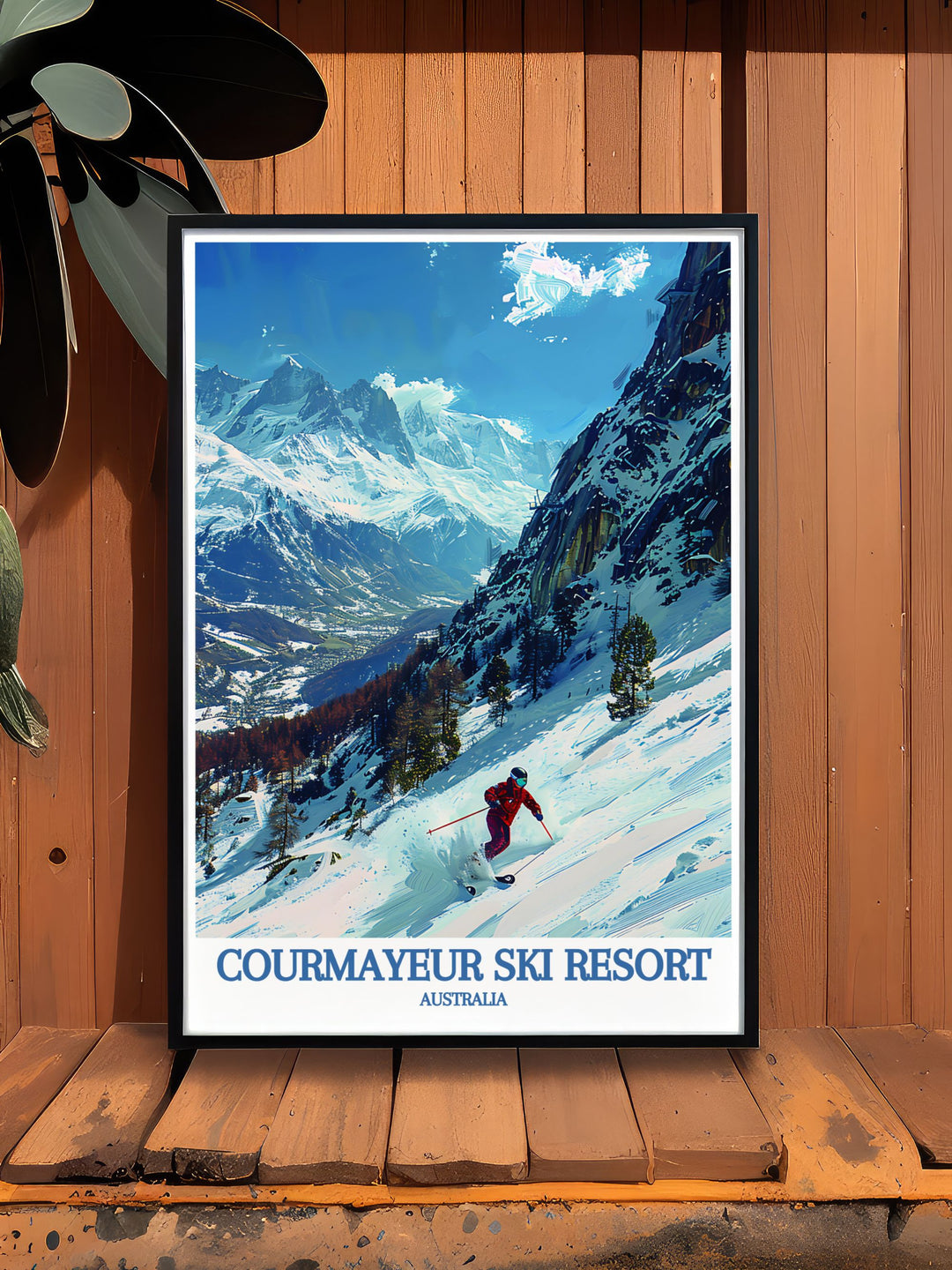 This poster showcases the majestic peaks of Mont Blanc and the charming atmosphere of Courmayeur Ski Resort, adding a unique touch of Italys historical and natural beauty to your living space.