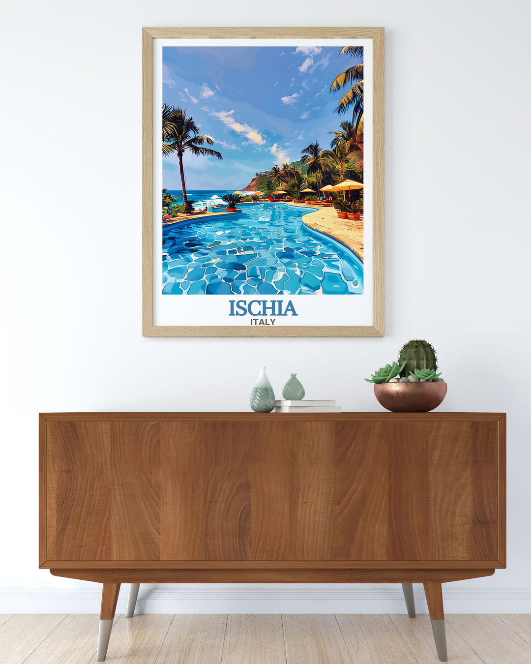 A captivating art print showcasing the serene beauty of Ischias Negombo Thermal Park, Italy. Perfect for beach and nature lovers, this artwork brings the warmth and charm of Ischia into your home or office, ideal for any occasion.