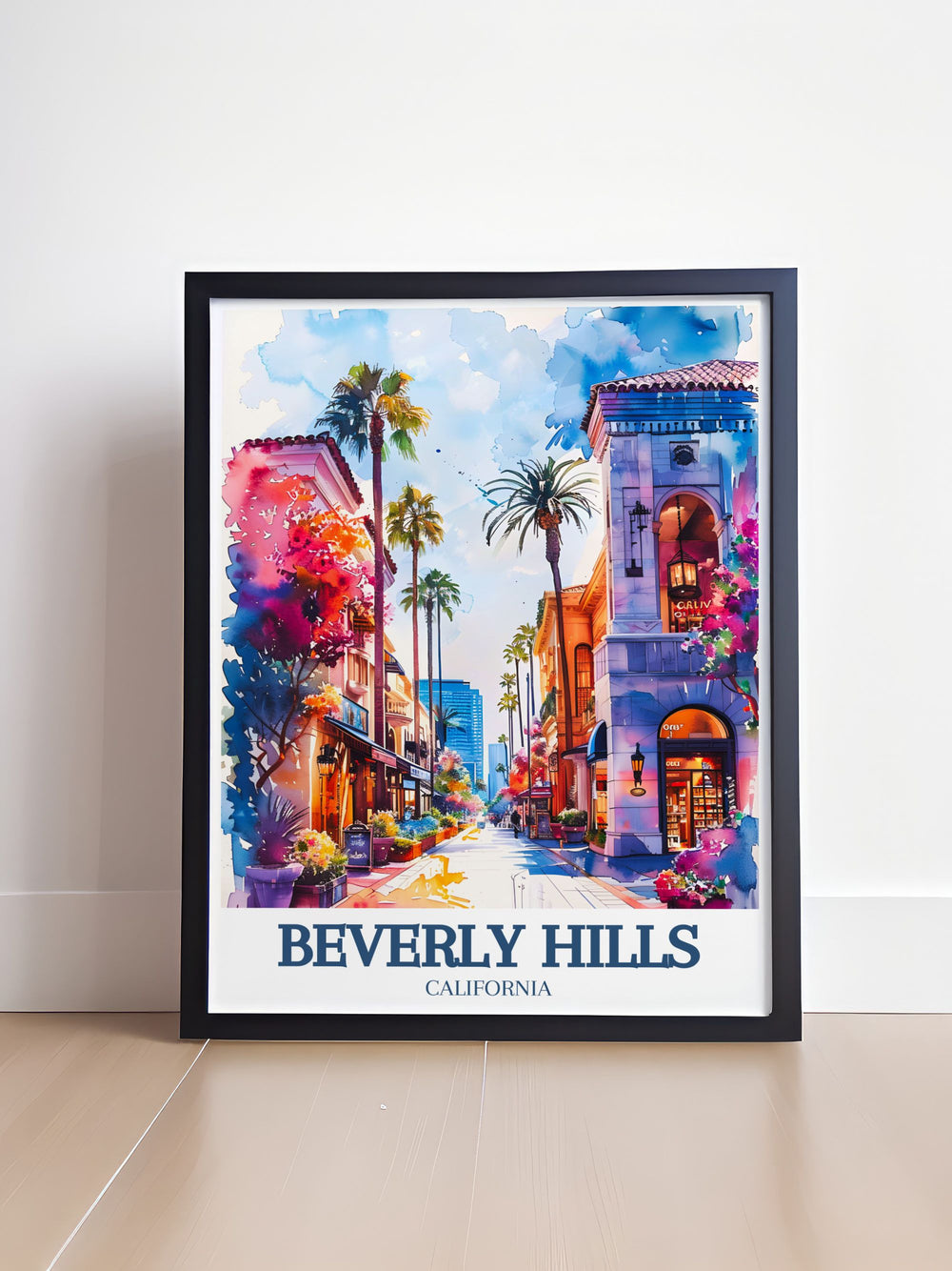 Beautiful California print highlighting the vibrant energy of Rodeo Drive and the refined atmosphere of Three Rodeo Drive, ideal for fashion enthusiasts and those who appreciate elegance. Adds a stylish touch to your home decor.