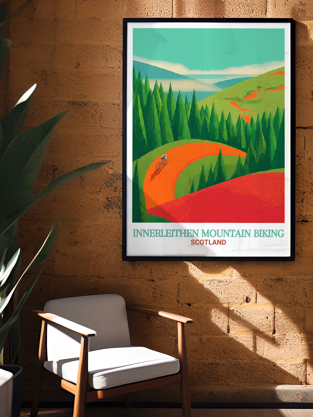 Innerleithen MTB trail poster highlights Scotlands premier mountain biking destination, featuring the renowned 7stanes network in Caberston Forest. Ideal for nature lovers and outdoor enthusiasts, this art brings the spirit of adventure into your space.