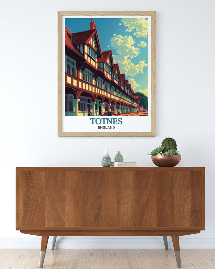 The Butterwalk in Totnes art print, showcasing the intricate Elizabethan architecture and historic significance of this site. A beautiful addition to any room, bringing a piece of Englands rich heritage into your home. Ideal for art lovers and history buffs.