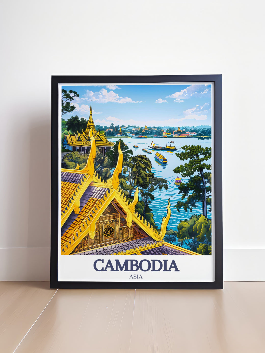 Royal Palace, Phnom Penh, Tonle Sap Lake depicted in an exquisite art print. This wall art celebrates the sophistication and beauty of Cambodian architecture and nature. A perfect addition to any collection of Southeast Asian art and historical prints.