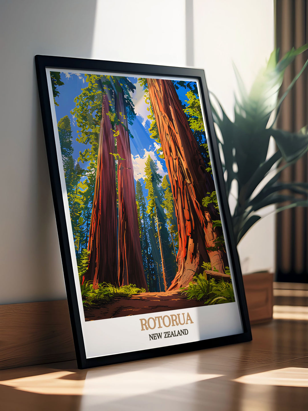 Unique Redwoods Forest artwork capturing the essence of Rotorua New Zealand. Perfect for home decor and as a special gift. This print will add a touch of elegance and tranquility to any room with its stunning depiction of the Redwoods Forest.