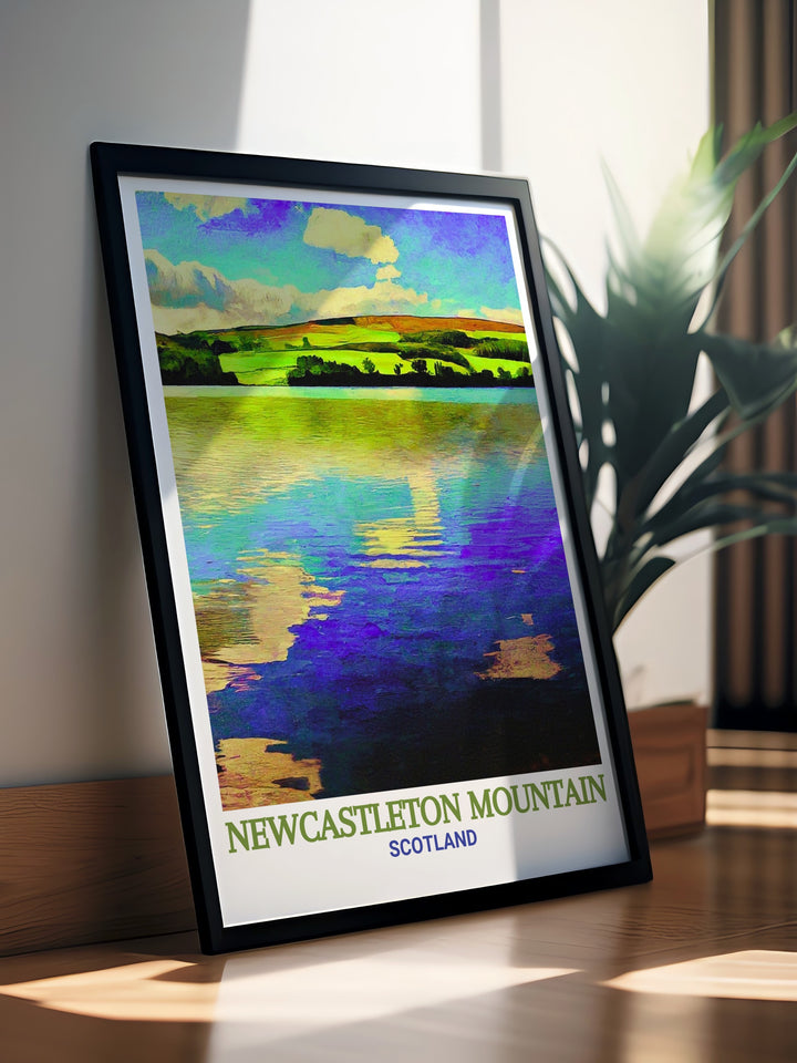 Kielder Water travel poster featuring Newcastleton Mountain Biking trails. This print highlights the scenic landscapes and challenging paths of Scotlands famous biking destination. Perfect for decorating your space or as a thoughtful gift for bikers.