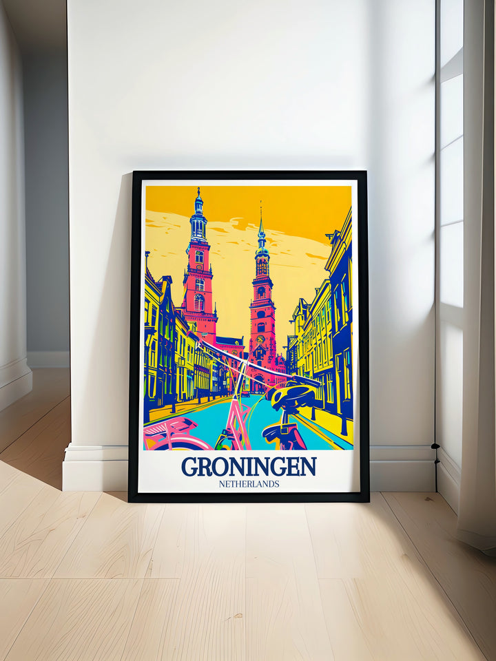 Groningen travel poster featuring the historic Martini Tower, the serene Aa Church, and the renowned University of Groningen. This artwork captures the essence of Groningens architectural and academic heritage, bringing a piece of the Netherlands cultural beauty into your home.