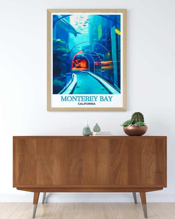 California travel poster featuring the picturesque Monterey Bay Aquarium. Ideal for adding a touch of California's charm to your decor. This print captures the essence of the scenic coastal landmark.