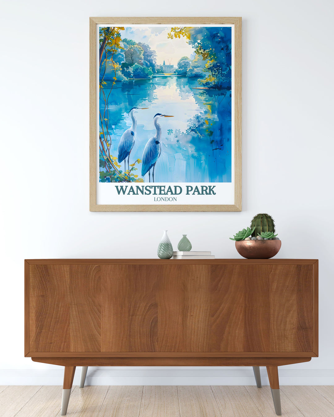 Vintage travel print of Wanstead Park with a focus on its serene landscapes and picturesque views. A must have for anyone who loves East London parks and wants to bring a touch of nature and tranquility into their living space.