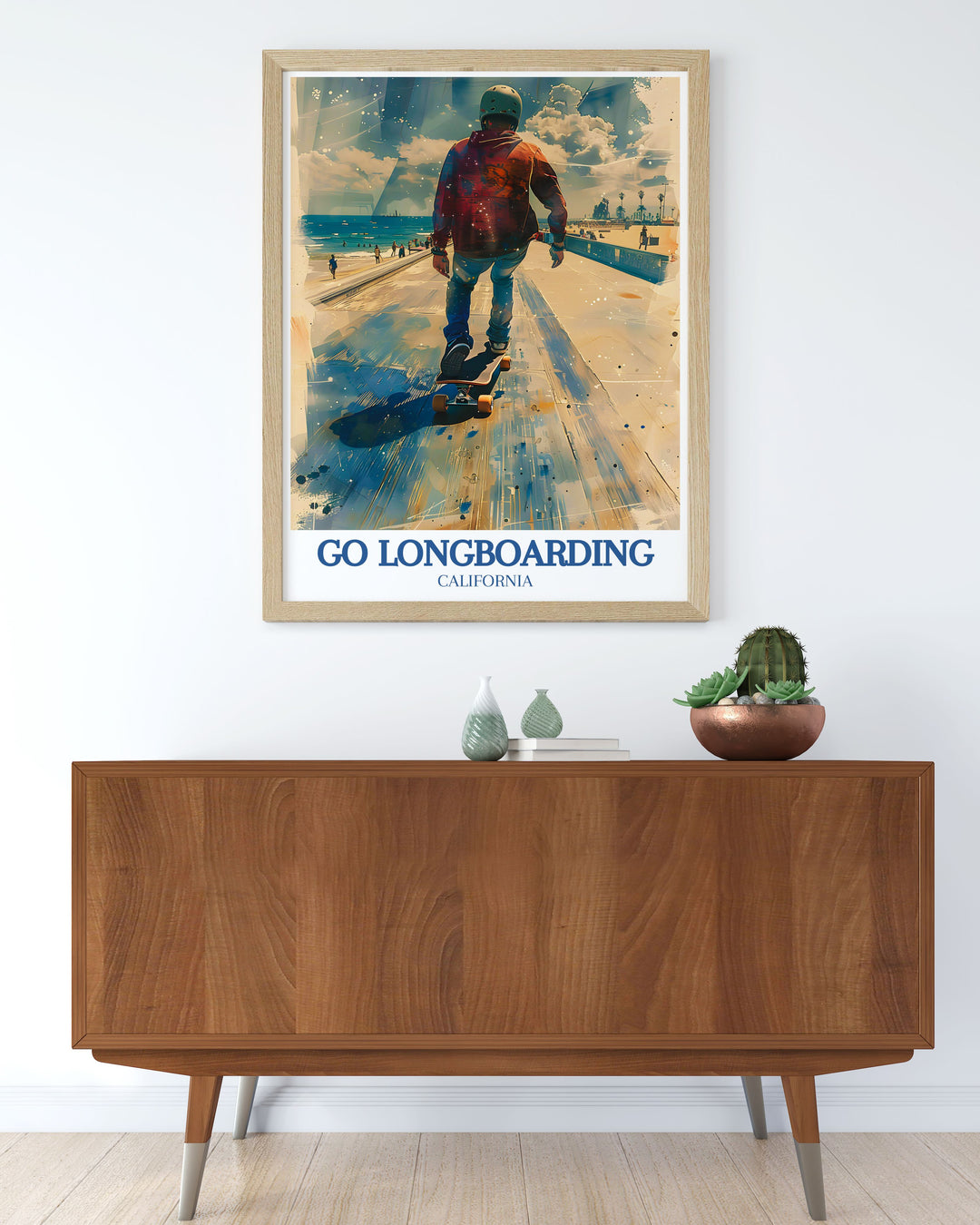 A vibrant print depicting longboarders cruising down the Venice Beach Boardwalk, capturing the excitement and dynamic atmosphere of Californias iconic beach destination, ideal for skate enthusiasts and lovers of coastal charm.