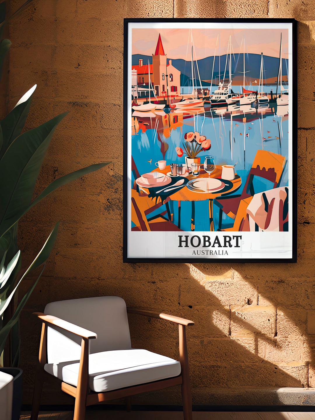 Hobart travel decor showcasing a detailed print of the Hobart Ferry Terminal and the River Derwent in Australia. This Australia wall art highlights the historical significance of the terminal and the natural beauty of the river, making it an ideal gift for lovers of Australian culture