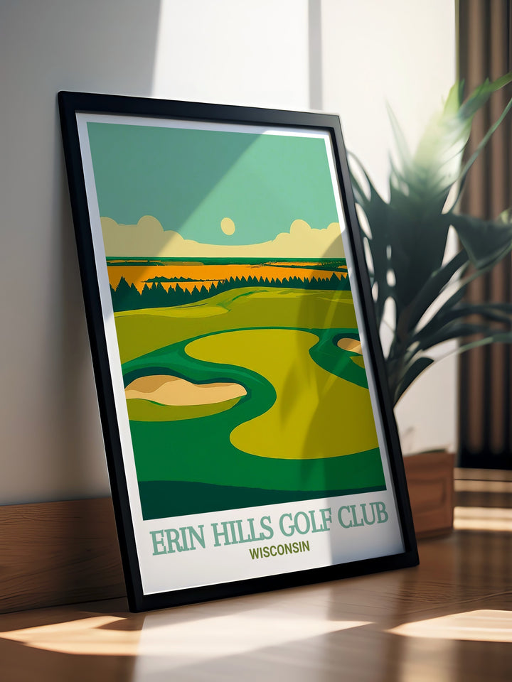 A stunning travel print of Erin Hills Golf Course, highlighting the rolling hills and pristine fairways that define this championship venue. Ideal for golf fans and those who appreciate beautiful landscapes, this print adds a touch of serenity to any space.