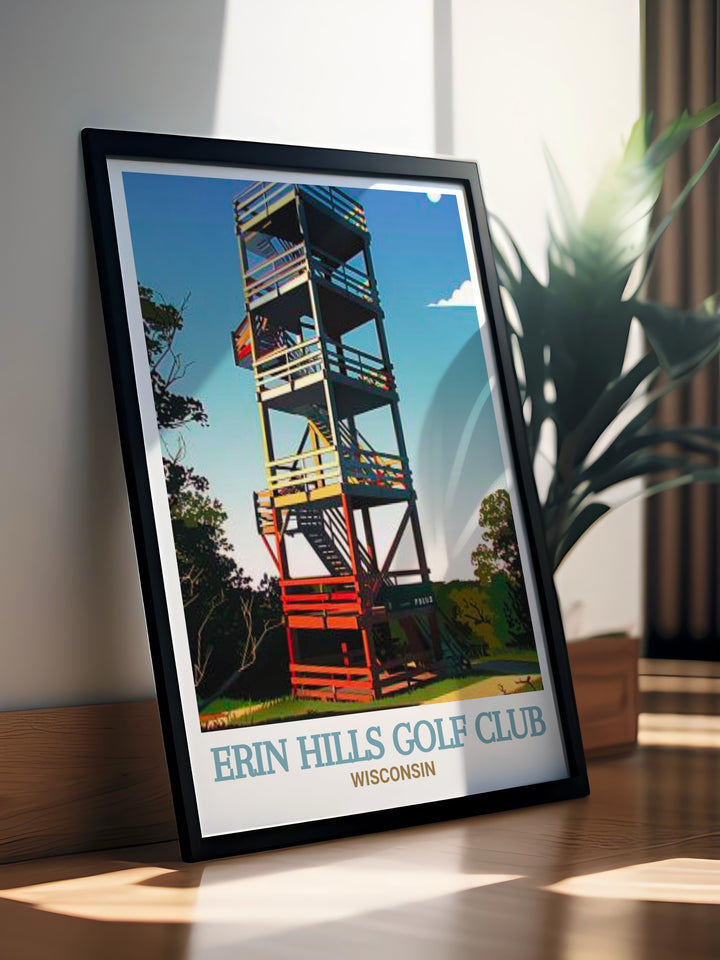 Celebrate your love for golf with this Erin Hills Golf Club art print, featuring the courses challenging design and picturesque scenery. The artwork is ideal for bringing a touch of the sports elegance into your living space.