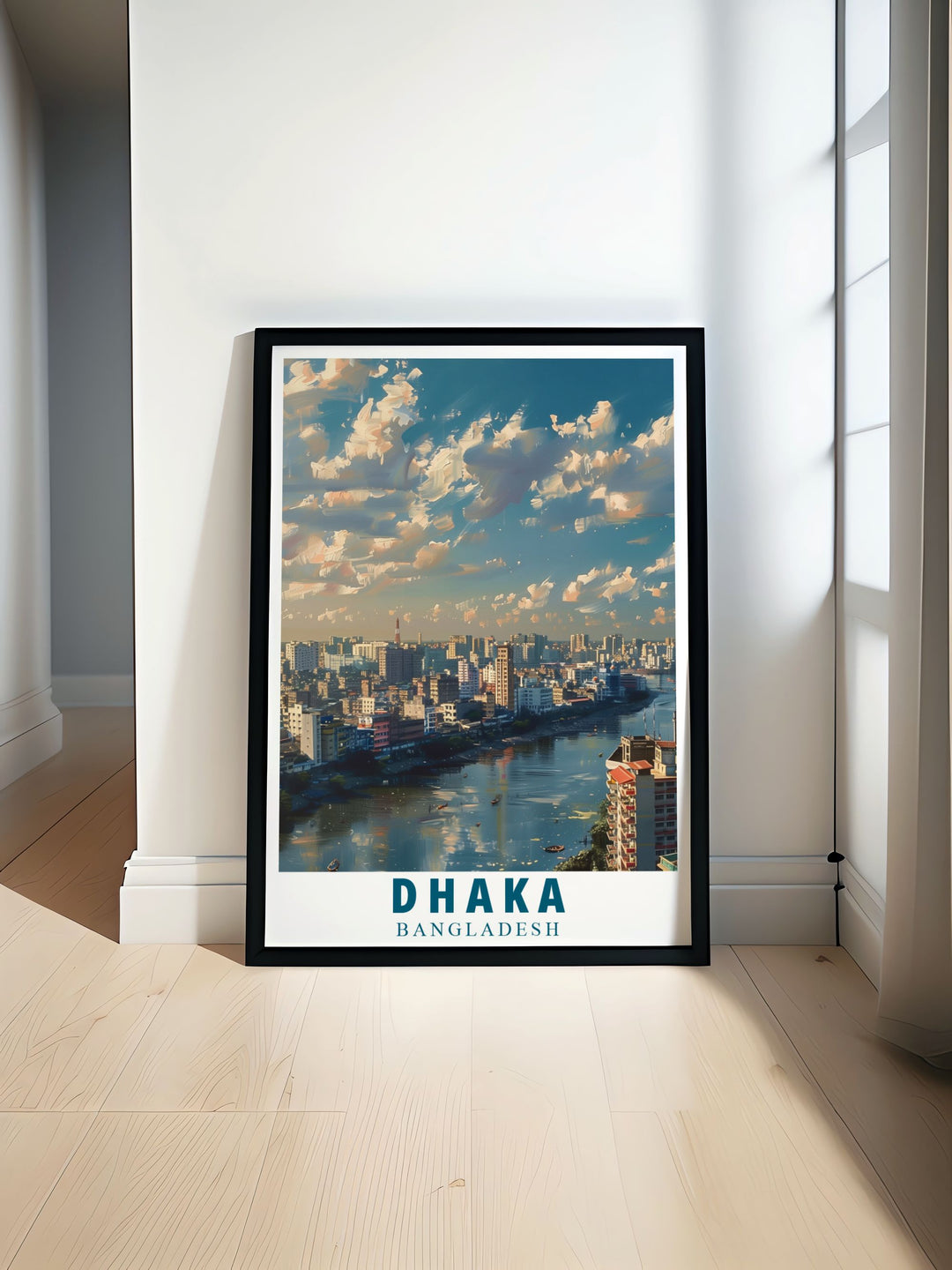 A vibrant Dhaka Travel Poster capturing the bustling streets and cultural landmarks of Bangladesh's capital. This high quality Dhaka print is perfect for home decor and as a gift for any occasion, bringing the essence of Dhaka into your living space.