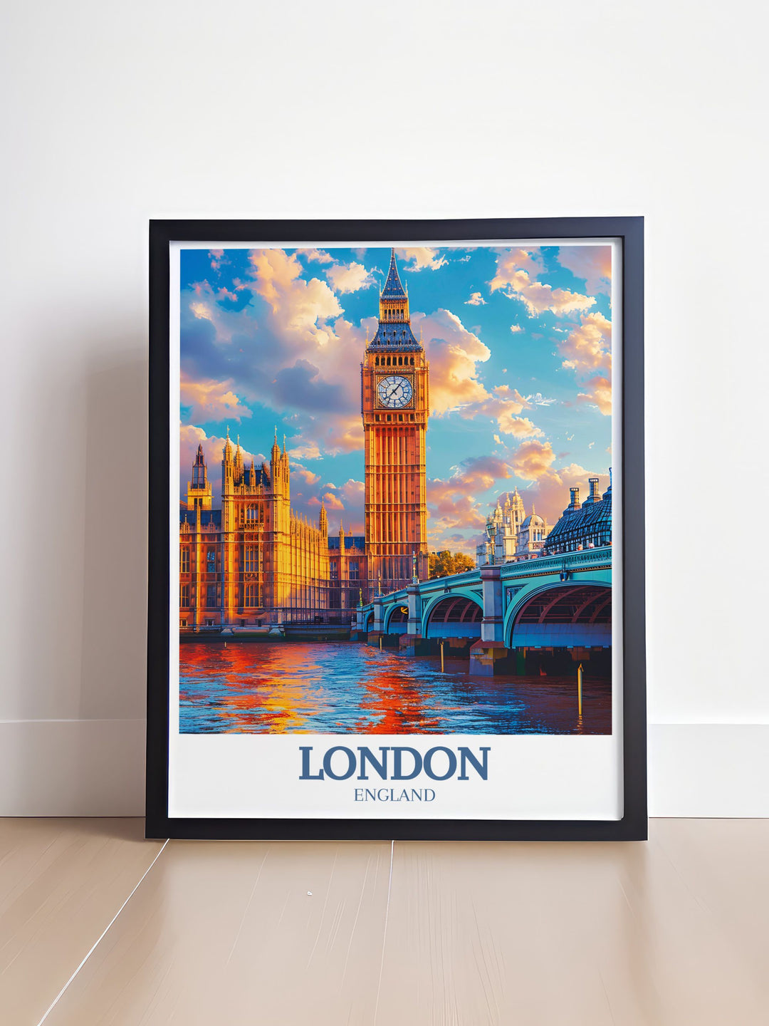 Big Ben and London Bridge framed print reflecting the grandeur and historic charm of Londons famous structures. This elegant home decor piece brings the essence of London into your space with detailed and vibrant artwork