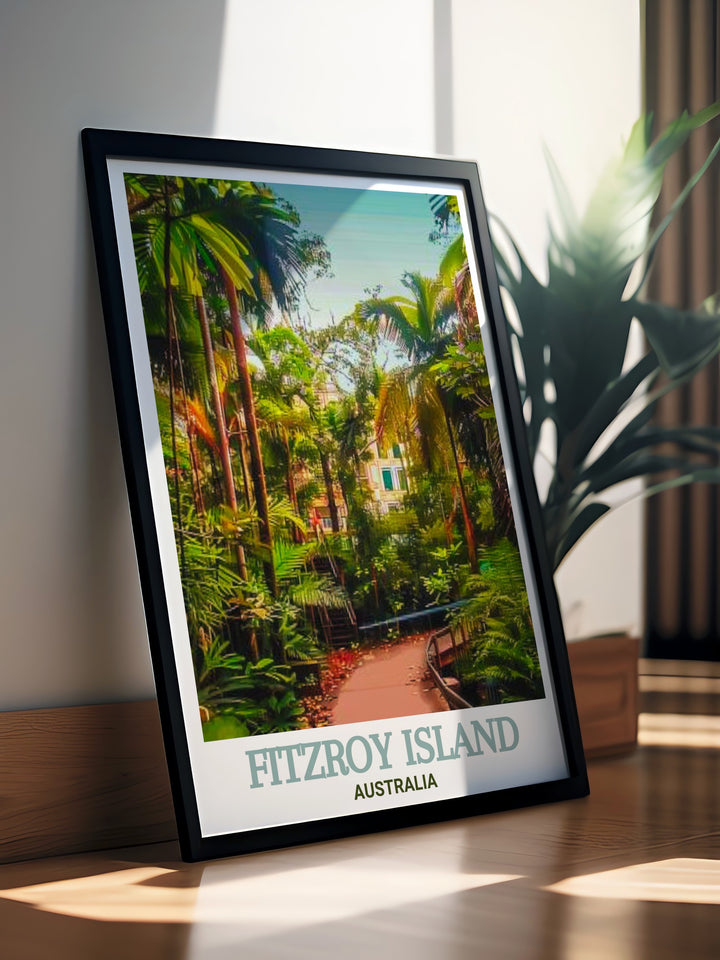 Fitzroy Island vintage poster offers a glimpse into the islands serene landscapes, featuring the Secret Garden Walking Trail and vibrant tropical foliage. This canvas print is a perfect addition to any home decor and makes a thoughtful gift for nature enthusiasts.