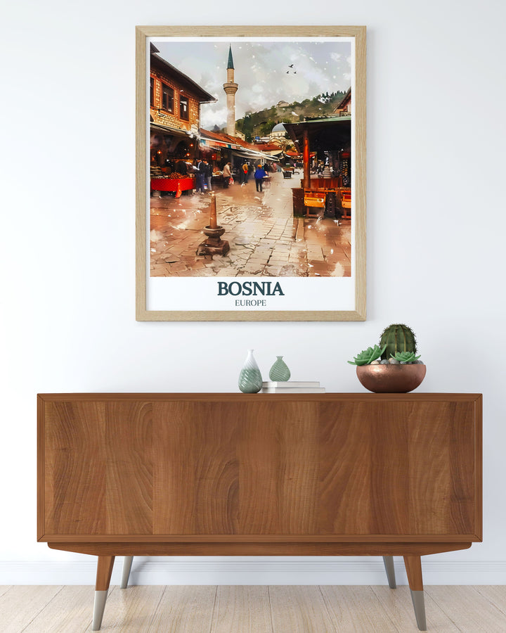 Enhance your home decor with this Bosnia wall art featuring Bascarsija, the Old Bazaar, Gazi Husrev beg Mosque. This Bosnia painting captures the lively scenes of Sarajevos historic bazaar and the architectural beauty of its iconic mosque.