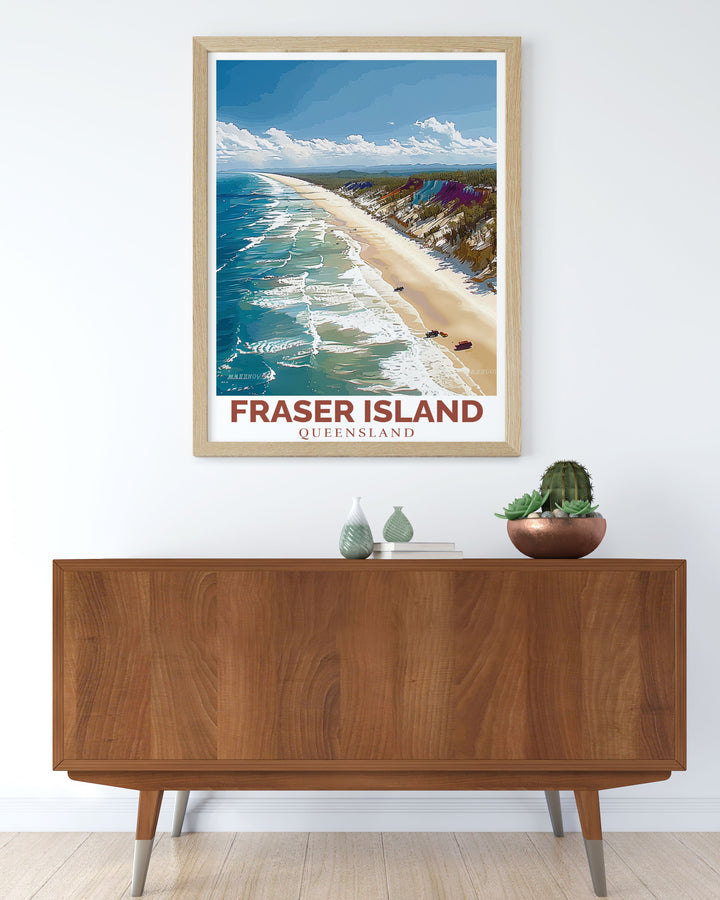 Fraser Island Decor and 75 mile beach wall art bring a touch of coastal beauty into your home. This Queensland Poster features a stunning view of the beach and surrounding landscapes making it the perfect gift or decoration for any modern or vintage space.