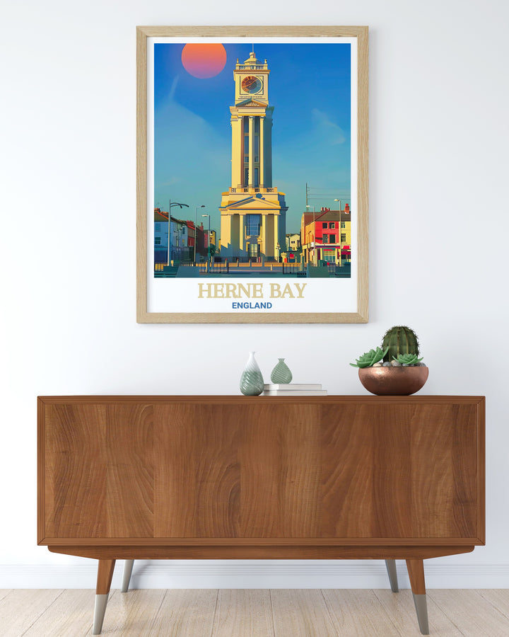 Featuring the iconic Herne Bay Clock Tower, this Kent wall art celebrates the timeless beauty of one of Englands oldest coastal towns. Perfect for lovers of British seaside charm, this print makes a great addition to any coastal themed room.