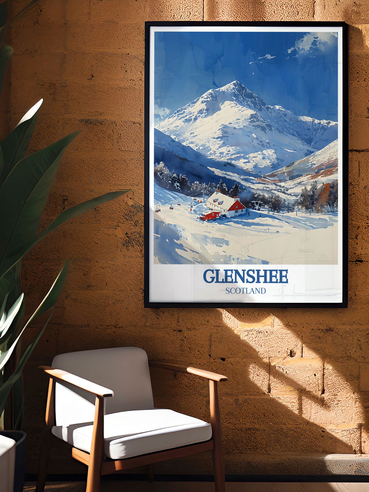 This travel poster of Glenshee Ski Resort captures the vibrant energy and excitement of the slopes. Perfect for winter sports lovers, this piece brings the thrill of skiing in the Scottish Highlands into your home.