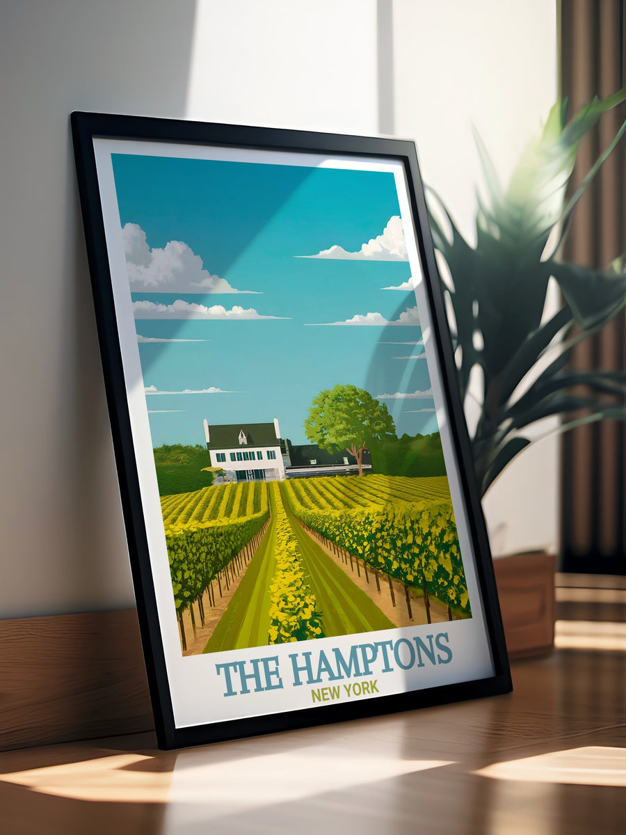 This New York poster beautifully captures The Hamptons and Montauk Point Lighthouse, with a calming color palette and vintage design. Perfect as a personalized gift or décor piece, this travel print showcases the beauty and charm of one of New Yorks most iconic coastal destinations.