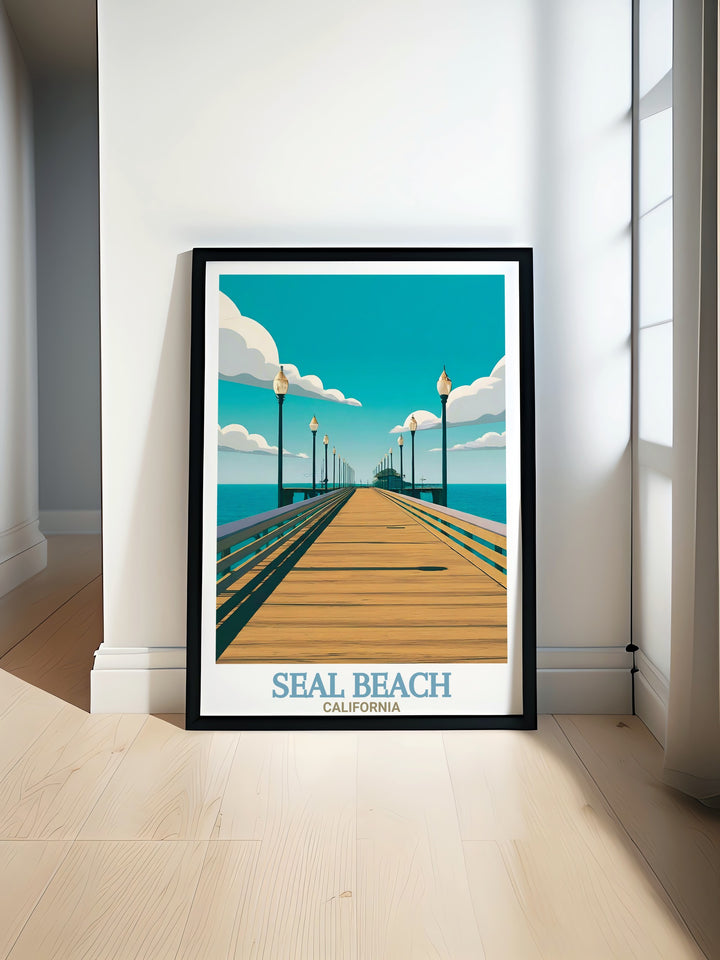 Seal Beach Pier Travel Print highlights the historic pier with its stunning views of the Pacific Ocean. This California artwork is perfect for adding a touch of coastal elegance to any space. Ideal as a gift for those who love Californias beach towns and scenic beauty.