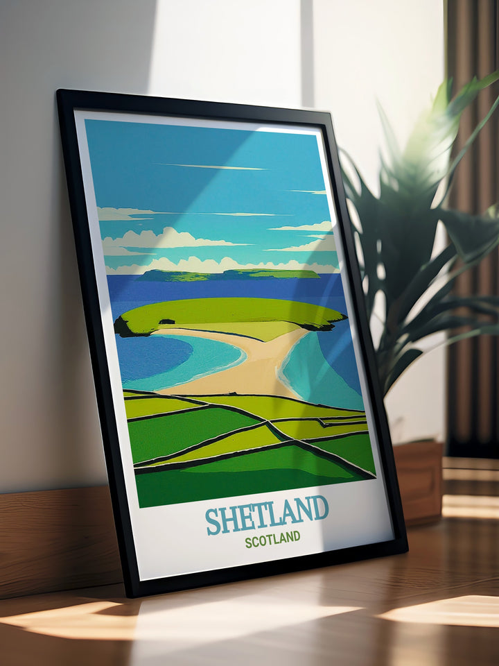 Framed Art of St Ninians Isle in Shetland, Scotland, providing a detailed and vibrant portrayal of this iconic Scottish landmark. The framed print adds elegance to any room and serves as a perfect gift for anyone with a passion for Scotlands history and coastal beauty.