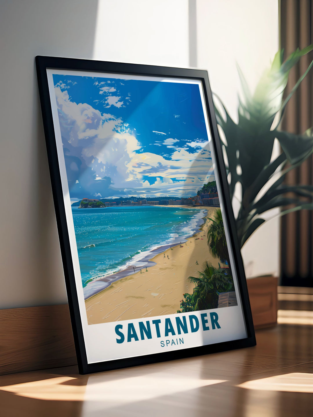 Playa del Sardinero modern prints from Santander Spain showcase the beauty of this iconic beach with a blend of vibrant colors and serene landscapes perfect for those looking to add Spain travel art to their home or as a thoughtful gift for art lovers.