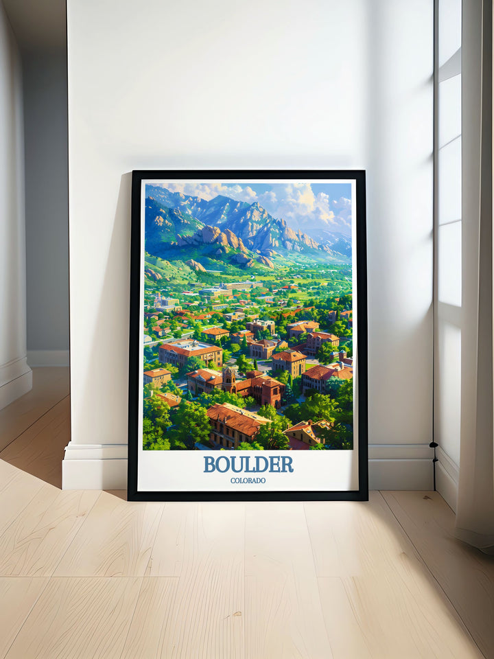 Breathtaking fine art print showcasing the iconic Flatirons in Boulder, Colorado, with vibrant colors and intricate details capturing the majestic rock formations. Perfect for elevating your home decor and bringing a touch of natural beauty into your living space.