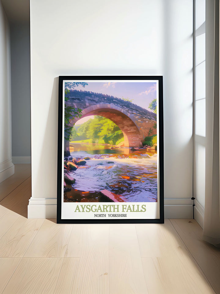 Beautiful vintage travel print of Aysgarth Bridge in North Yorkshire capturing the charm and history of the Yorkshire Dales National Park perfect for home decor and as a gift for nature lovers showcasing the iconic bridge and its scenic surroundings.