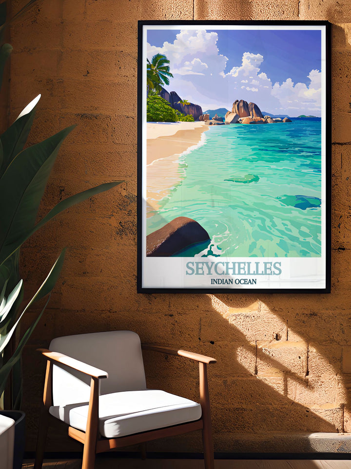 The picturesque Anse Source dArgent in Seychelles is beautifully illustrated in this poster, offering a glimpse into its pristine beaches and clear waters, making it an excellent piece for any tropical art collection.