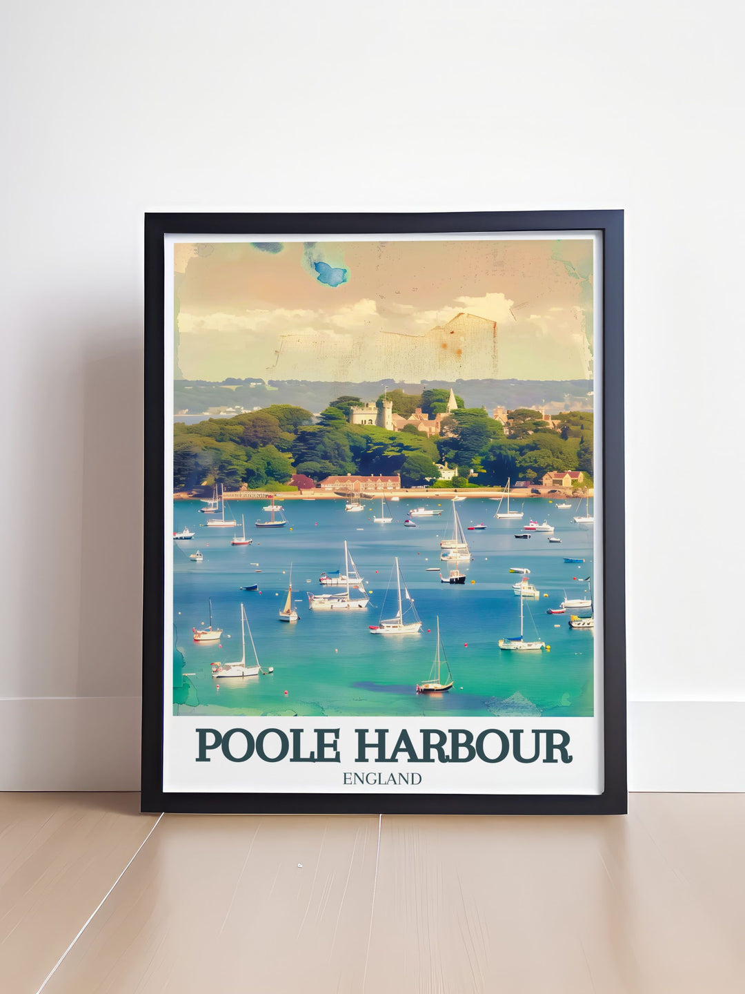 Elegant England wall art print depicting Poole Harbour and Brownsea Island and Sandbanks Beach a perfect blend of modern design and natural beauty making it an ideal gift for boyfriends dads girlfriends and more